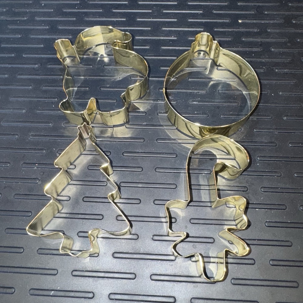 4 Metal Christmas Cookie Cutters Gold Color 3.5" Santa Ornament Tree Candy Cane